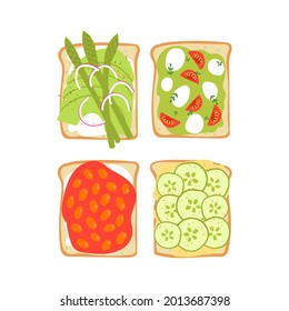 Avocado toast set. Cute vegan healthy breakfast. Flat hand drawn yummy sandwiches with vegetables, plant based cheese, baked beans, hummus.