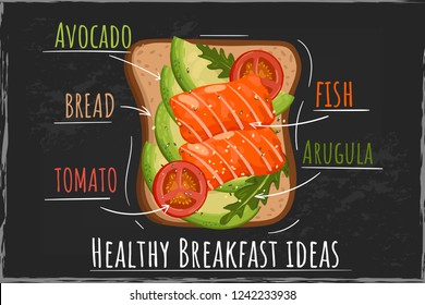 Avocado toast in sketch style on black clackboard background. Vector illustration EPS 10. Can use for menu design, banner, poster, voucher, cafe promotion.
