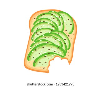 Avocado toast. Sliced avocado on toast bread with spices. Delicious avocado sandwich with sesame seeds, seasoning and dill. Vector illustration.