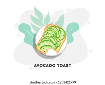 Avocado toast. Sliced avocado on toast bread with spices. Delicious avocado sandwich with sesame seeds, seasoning and dill. Vector illustration.