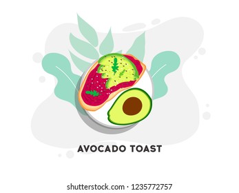 Avocado toast. Sliced avocado on toast bread with spices. Delicious avocado sandwich with sesame seeds, seasoning and dill. Vector illustration.