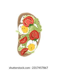 Avocado toast with tomato and egg illustration. Toast for breakfast. Food illustration for menu.