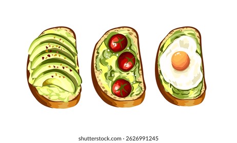 Variações de brinde abacate - Conjunto de ilustração de café da manhã desenhado à mão