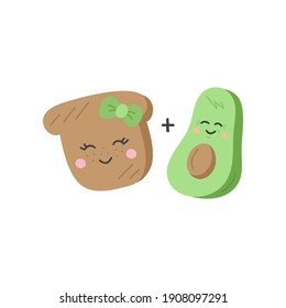 Avocado and toast vector illustration. Cute and funny avocado and toast, slice of bread cartoon characters. Perfect couple.