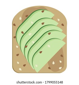 Avocado toast vector illustration isolated. Avocado slices on toasted bread, vegan sandwich with sesame seeds