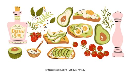 Brinde abacate com legumes em estilo de desenho animado retro. Café da manhã saudável: ovos, tomates cereja, azeite, ervas. Composição de comida limpa, ilustração em estilo funky, rabiscar, conjunto de adesivos na moda.