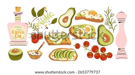 Avocado toast with vegetables in retro cartoon style. Healthy breakfast set: eggs, cherry tomatoes, olive oil, herbs. Clean eating composition, illustration in funky, doodle style, trendy sticker set.
