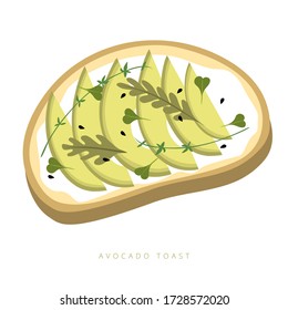 Avocado toast.Cute flat vector Illustration.Fresh toasted bread with slices of avocado, cream cheese and sesame.Isolated on white background tasty sandwich for menu design.Healthy vegetarian lunch.