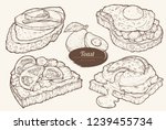 Avocado toasts with different toppings. Healthy breakfast meal. Set of vector illustrations isolated on light background. Hand drawn. Vintage style.