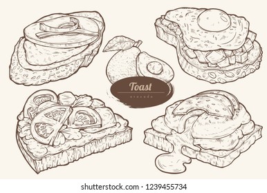 Avocado toasts with different toppings. Healthy breakfast meal. Set of vector illustrations isolated on light background. Hand drawn. Vintage style. svg