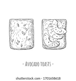 Avocado toasts. Top view. Hand-drawn style. Isolated objects on a white background. Vector cartoon illustrations. svg