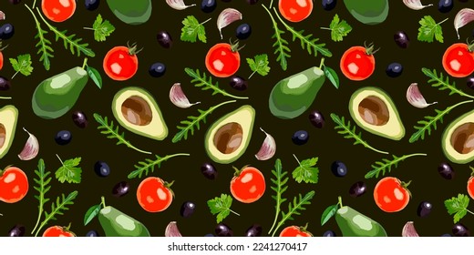 Avocado, tomato cherry, garlic vector seamless pattern