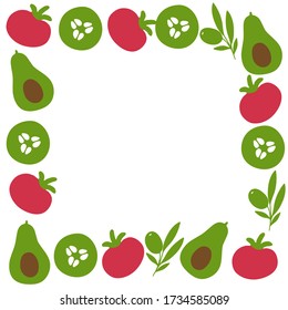 Aguacate, armazón de pepino de tomate. Papel de pared de verduras ecológicas. Impresión y telaraña de verduras. Ilustración del vector