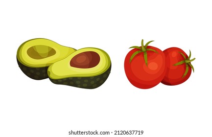Avocado und Tomaten frisches Gemüse Set. Zutaten für Burger und Sandwich, Vektorgrafik