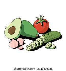 Avocado, tomato, garlic, cucumber. Vector 3d sketch line isometric, color icon illustration, flat style. Creative design idea and elements for infographics and website.