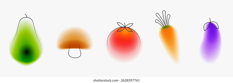 Abacate, tomate, cogumelo, cenoura, berinjela. Definir planta vegetal em estilo criativo mínimo. Design moderno de conceito de moda com linhas de forma simples e elementos de gradiente de desfoque. Ilustração de vetor brilhante