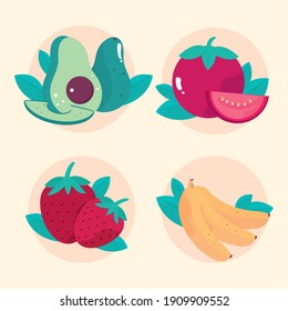 avocado tomato strawberry banana vegetables and fruits healthy meal vector illustration