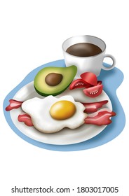 avocado tomatoes with eggs and bacon and a cup of coffee