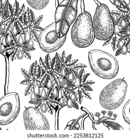 Avocado tree background design. Decorative fruit branches, flowers, whole avocado, cut half piece black outlines. Seamless healthy food pattern. Vector plant illustration for textile or prints