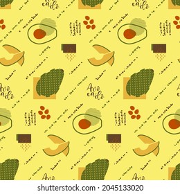 Avocado tropical fruit geometric seamless pattern with hand drawn calligraphy letters and memphis style elements on yellow background. Cute vector texture for textile print, wallpaper, wrapping paper.