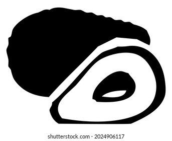 Aguacate, fruta tropical, vector, ilustración en color negro y blanco, aislado en fondo blanco  