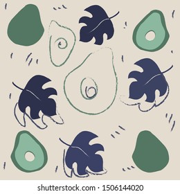 avocado and tropical leaves monstera pattern modern colors design for fashionable fabric, textile, wallpaper, cover, wrapping paper, fashion.Hand drawn. Vector