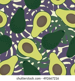 Avocado with tropical leaves seamless pattern. Cute nature vector illustration. Decorative design for textile, fabric, wallpaper.