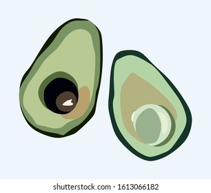 Avocado. Tropical summer exotic fruits. Avocado background. Original simple illustration. Watercolor, oil painting. Hand-drawn vector. A whole avocado, cut into slices, half an avocado with the pit