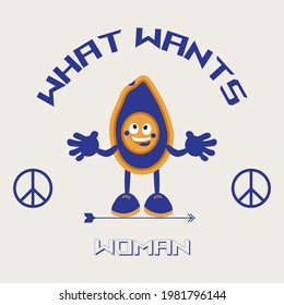 Avocado. T-shirt or sweatshirt print. Logotype type for vegetarian, vegan. Avocado in retro style with a positive slogan. Package design. Cartoon cheerful avocado.