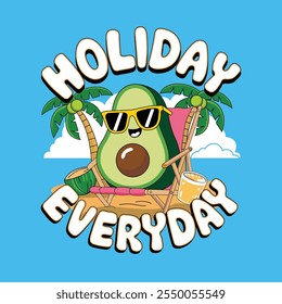 Un aguacate con gafas de sol con Ilustración vectorial temática de vibraciones de verano, vacaciones todos los días. Un diseño vibrante y llamativo de la impresión de las ilustraciones del Vector para la camiseta y otros