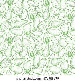 Avocado Varieties Vector Seamless pattern. Hand drawn Different types of Avocados. Background with California tropical fruit