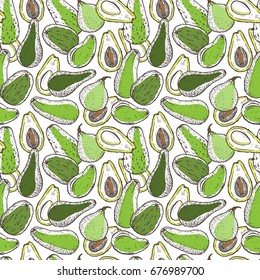 Avocado Varieties Vector Seamless pattern. Hand drawn Different types of Avocados. Background with California tropical fruit