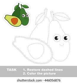 Avocado in vector to be traced. Easy educational kid game. Simple level of difficulty. Restore dashed line and color the picture. Trace game for children.
