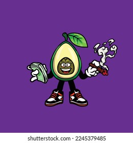 avocado, Vektorgrafik-Maskottchen Rauchstummel aus Unkrautblüte bud nug cannabis und Geld