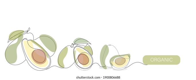 Avocado, Vektorgrafik, Hintergrund, Banner für Etikettendesign. Eine durchgängige Zeichnung des Avocado mit einem Buchstaben Organic. Bearbeitbarer schwarzer Hub.