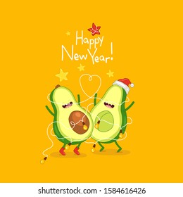 Avocado vector. Funny avocado. Merry Christmas and Happy New Year winter print with cartoon avocado. Cute avocado in a Santa hat and with Christmas tree garland. Vector illustration.