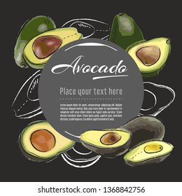 Avocado vector hand drawn healthy food illustration. Fruit design with sketch elements for banner, greeting card	