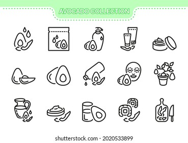 Avocado vector icon set. Cosmetic and health line collection avocado products: juice, mask, soap, hand cream, for face, shampoo, face, tree, sprout, jug, glass, sushi, kitchen board