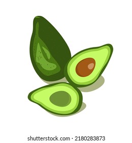 Avocado vector icon. Whole avocado and avocado in cut. Exotic fruits. Avocado fruit in flat design. Vector clipart illustration
