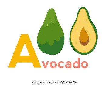 Avocado vector illustration. Abc for a - Avocado. Education for children, preschool. Avocado vegetable, hand drawn flat cartoon style. Isolated vector illustration on white background