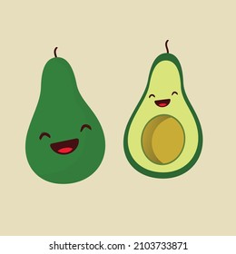 Avocado vector illustration. Cute fresh avocado with smiling face isolated. Japan, asian culture, comics, healthy eating, lifestyle, vegan concept and themed style