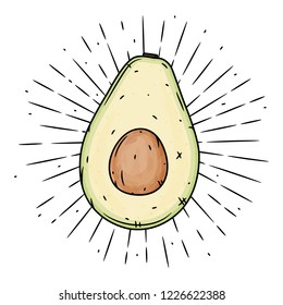 Avocado. Vector illustration with Avocado and divergent rays. Used for poster, banner, web, t-shirt print, bag print, badges, flyer, logo design and more.