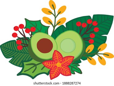 Avocado. Vector illustration. Drawn avocado cut in half, in a bouquet of tropical leaves and flowers. Bright green colors. Delicious bouquet. Vector.