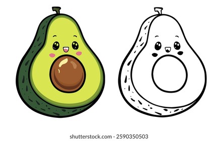 avocado vector illustration , Fresh half cut green seedless avocado with leaf isolated on white background. Side view vector clipart. Food illustration in flat style.