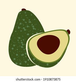 ilustración vectorial aguacate con aguacate de corte medio. Vegetariano, comida orgánica vegetariana sana. Vocado jugoso y entrecortado. 