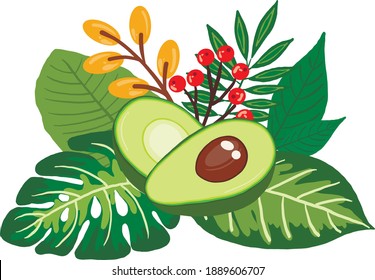 Avocado.  Vector illustration.  Avocado halves in a bouquet of tropical leaves and flowers.  Vector illustration design.  Hand-drawn.  Bright green colors.  Delicious bouquet.  Vector.