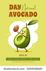 Avocado vector illustration. Holiday concept. National Avocado Day. July 31. Template for flyer, poster, card, with text inscription.