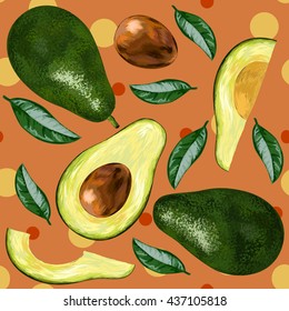 Avocado. Vector illustration of a seamless pattern with avocado slices and leaves.