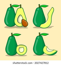 Avocado vector illustration set. collection of sliced avocado isolated fruit with yellow background