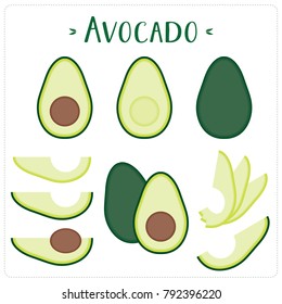 Avocado vector illustration set. Whole, sliced and halved avocado graphics.